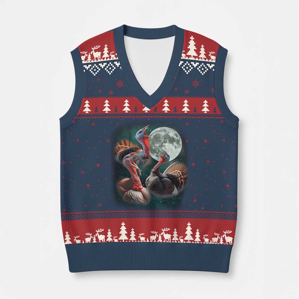 Funny Three Turkey Moon V-Neck Knit Sweater Vest Weird Cursed Thanksgiving Meme TS11 Navy Red Print Your Wear