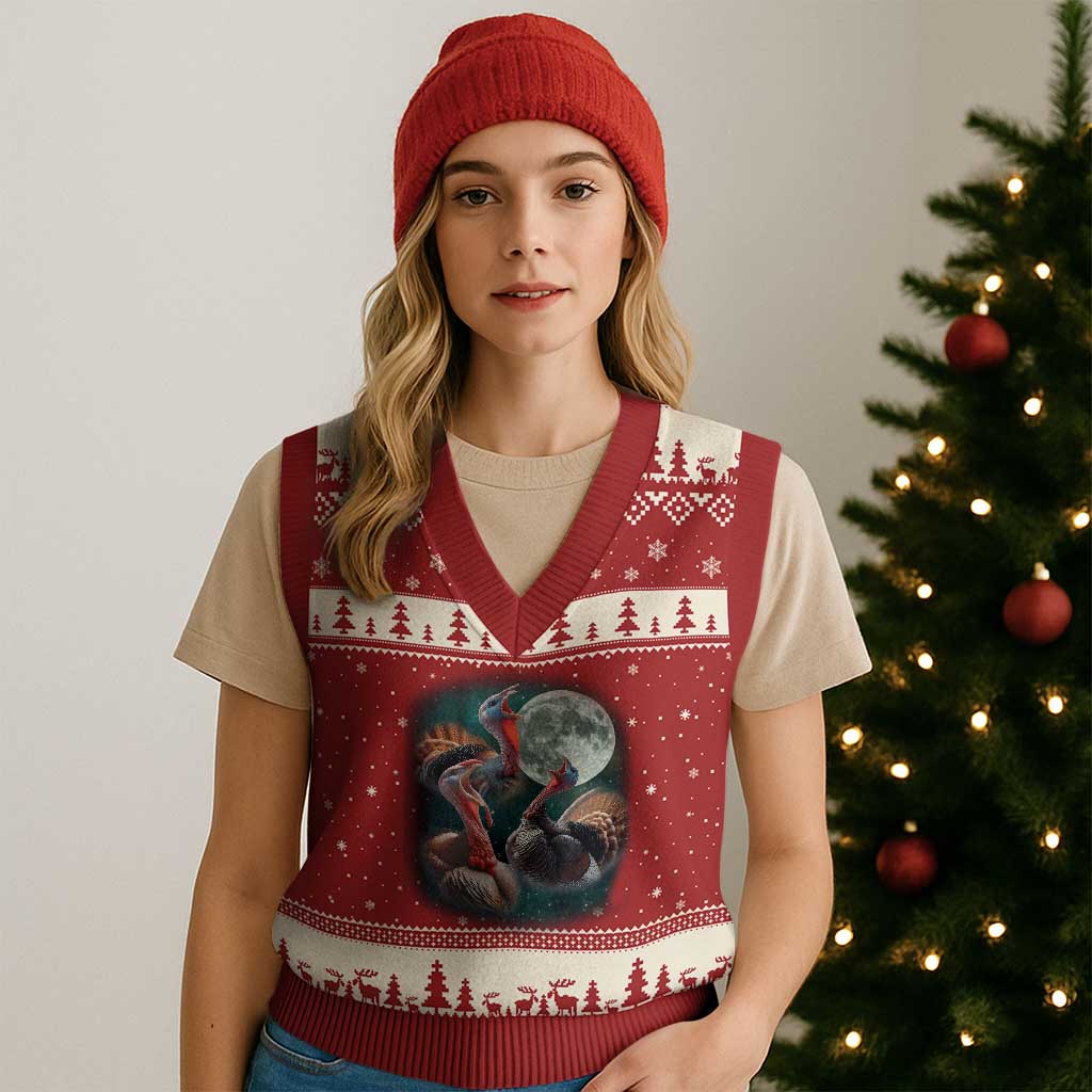 Funny Three Turkey Moon V-Neck Knit Sweater Vest Weird Cursed Thanksgiving Meme TS11 Red Beige Print Your Wear