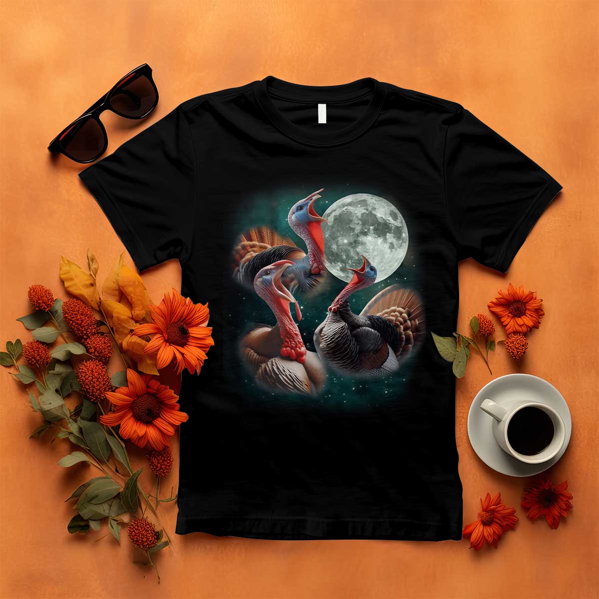 Funny Three Turkey Moon T Shirt Weird Cursed Thanksgiving Meme TS11 Black Print Your Wear