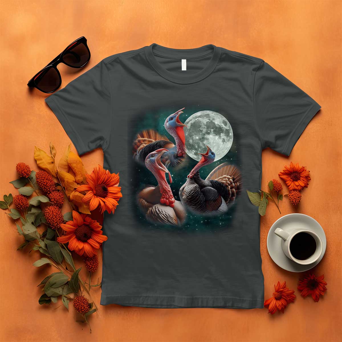 Funny Three Turkey Moon T Shirt Weird Cursed Thanksgiving Meme TS11 Dark Heather Print Your Wear