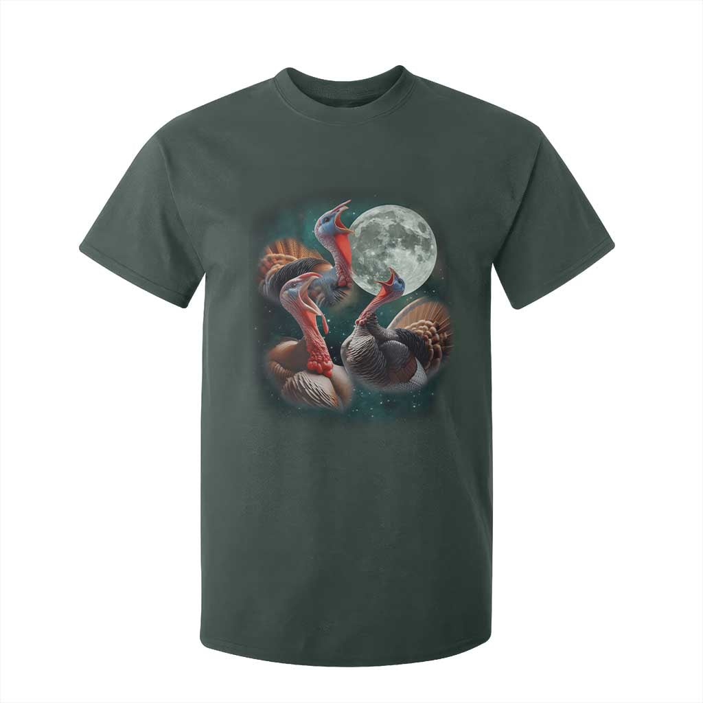 Funny Three Turkey Moon T Shirt For Kid Weird Cursed Thanksgiving Meme TS11 Dark Forest Green Print Your Wear