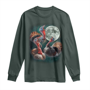Funny Three Turkey Moon Long Sleeve Shirt Weird Cursed Thanksgiving Meme TS11 Dark Forest Green Print Your Wear