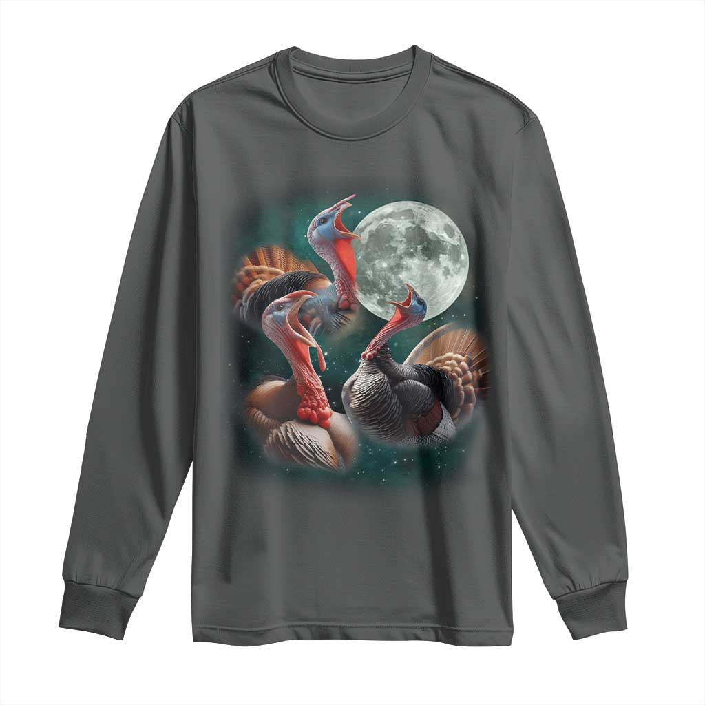 Funny Three Turkey Moon Long Sleeve Shirt Weird Cursed Thanksgiving Meme TS11 Dark Heather Print Your Wear