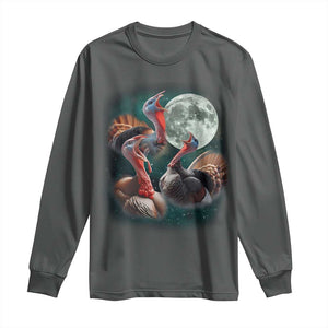 Funny Three Turkey Moon Long Sleeve Shirt Weird Cursed Thanksgiving Meme TS11 Dark Heather Print Your Wear
