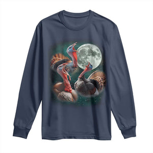 Funny Three Turkey Moon Long Sleeve Shirt Weird Cursed Thanksgiving Meme TS11 Navy Print Your Wear