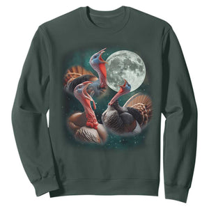 Funny Three Turkey Moon Sweatshirt Weird Cursed Thanksgiving Meme TS11 Dark Forest Green Print Your Wear