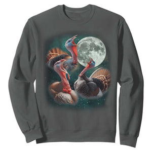 Funny Three Turkey Moon Sweatshirt Weird Cursed Thanksgiving Meme TS11 Dark Heather Print Your Wear