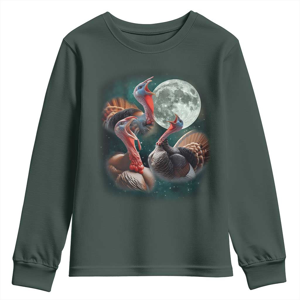 Funny Three Turkey Moon Youth Sweatshirt Weird Cursed Thanksgiving Meme TS11 Dark Forest Green Print Your Wear