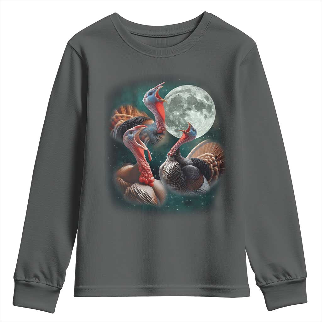 Funny Three Turkey Moon Youth Sweatshirt Weird Cursed Thanksgiving Meme TS11 Dark Heather Print Your Wear