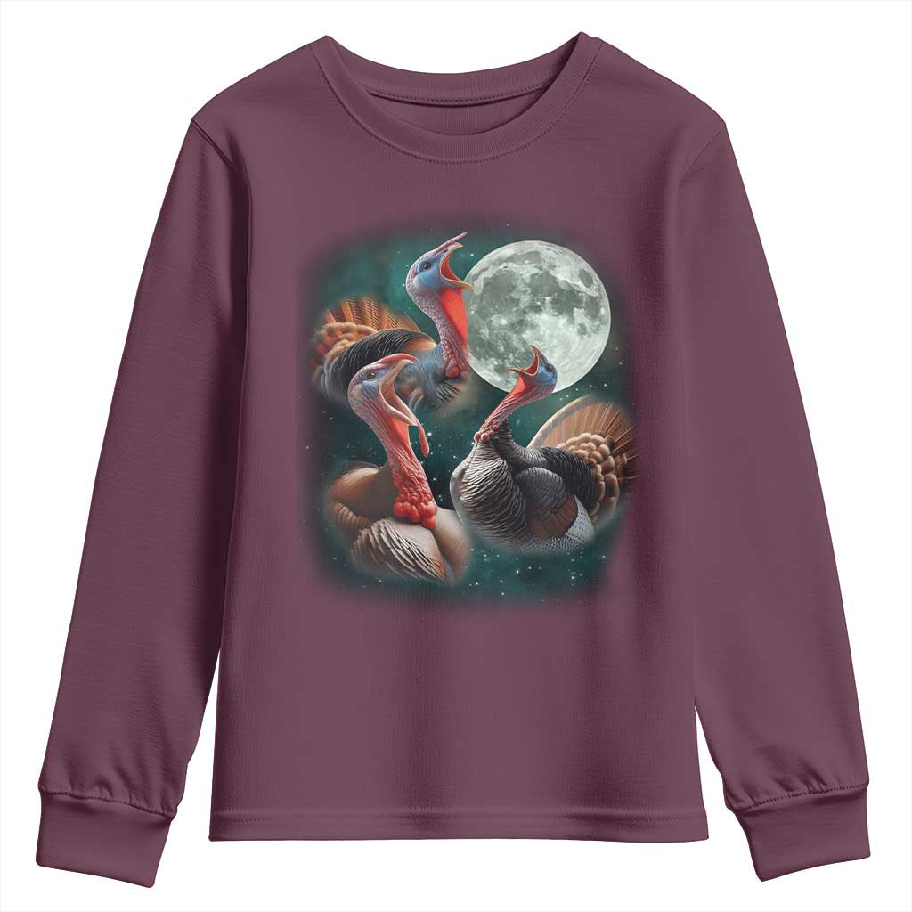 Funny Three Turkey Moon Youth Sweatshirt Weird Cursed Thanksgiving Meme TS11 Maroon Print Your Wear