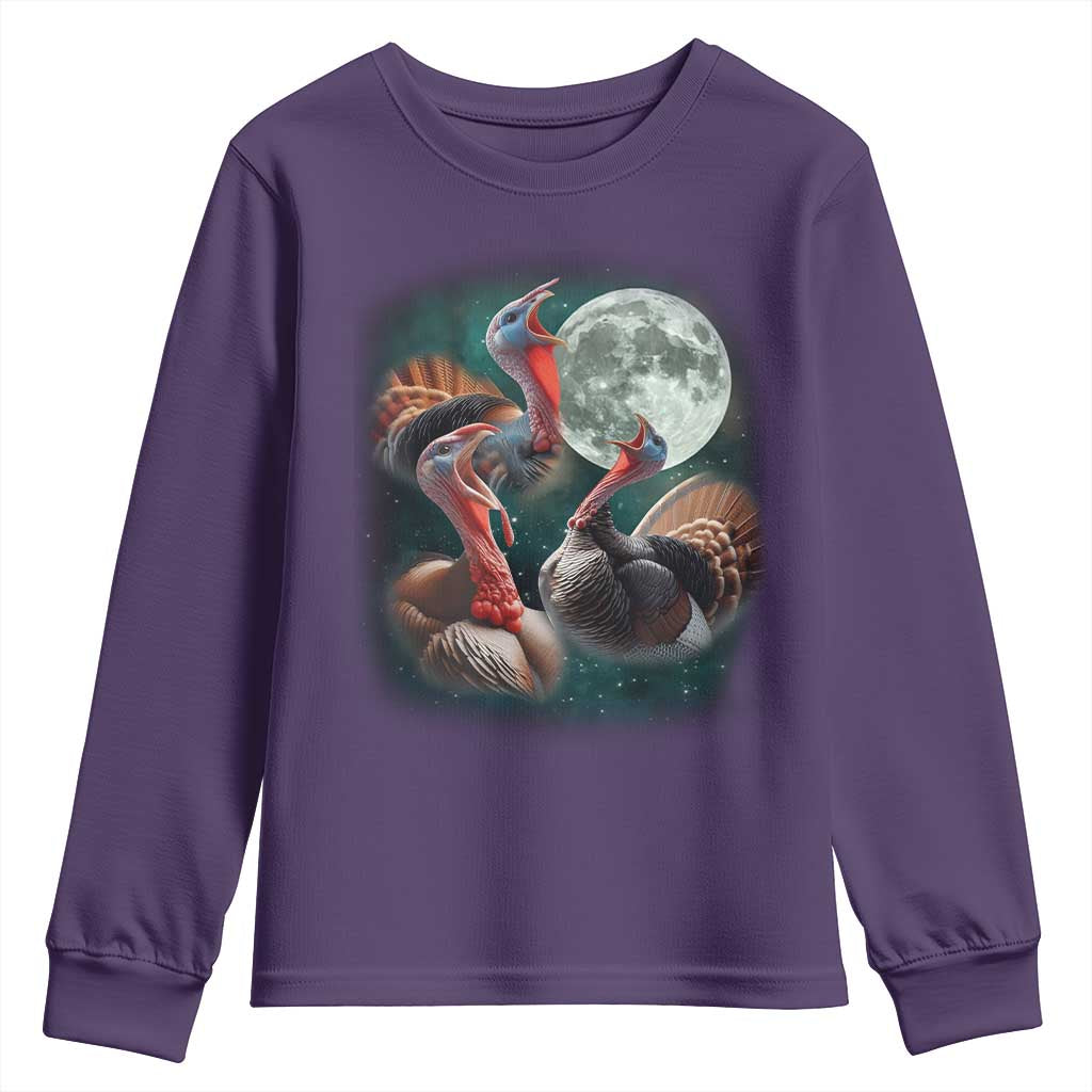 Funny Three Turkey Moon Youth Sweatshirt Weird Cursed Thanksgiving Meme TS11 Purple Print Your Wear