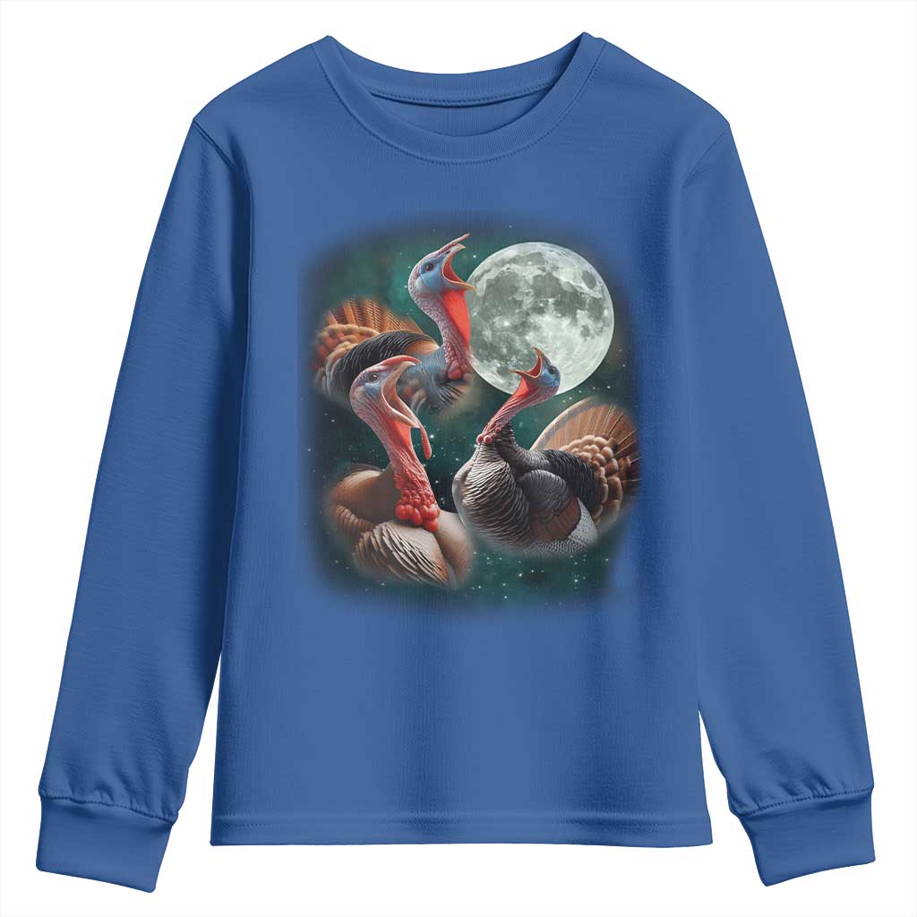 Funny Three Turkey Moon Youth Sweatshirt Weird Cursed Thanksgiving Meme TS11 Royal Blue Print Your Wear