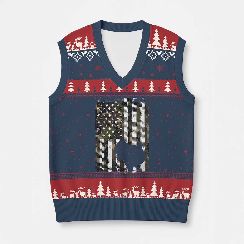 Turkey Hunting Camo US American Flag Thanksgiving V-Neck Knit Sweater Vest TS11 Navy Red Print Your Wear
