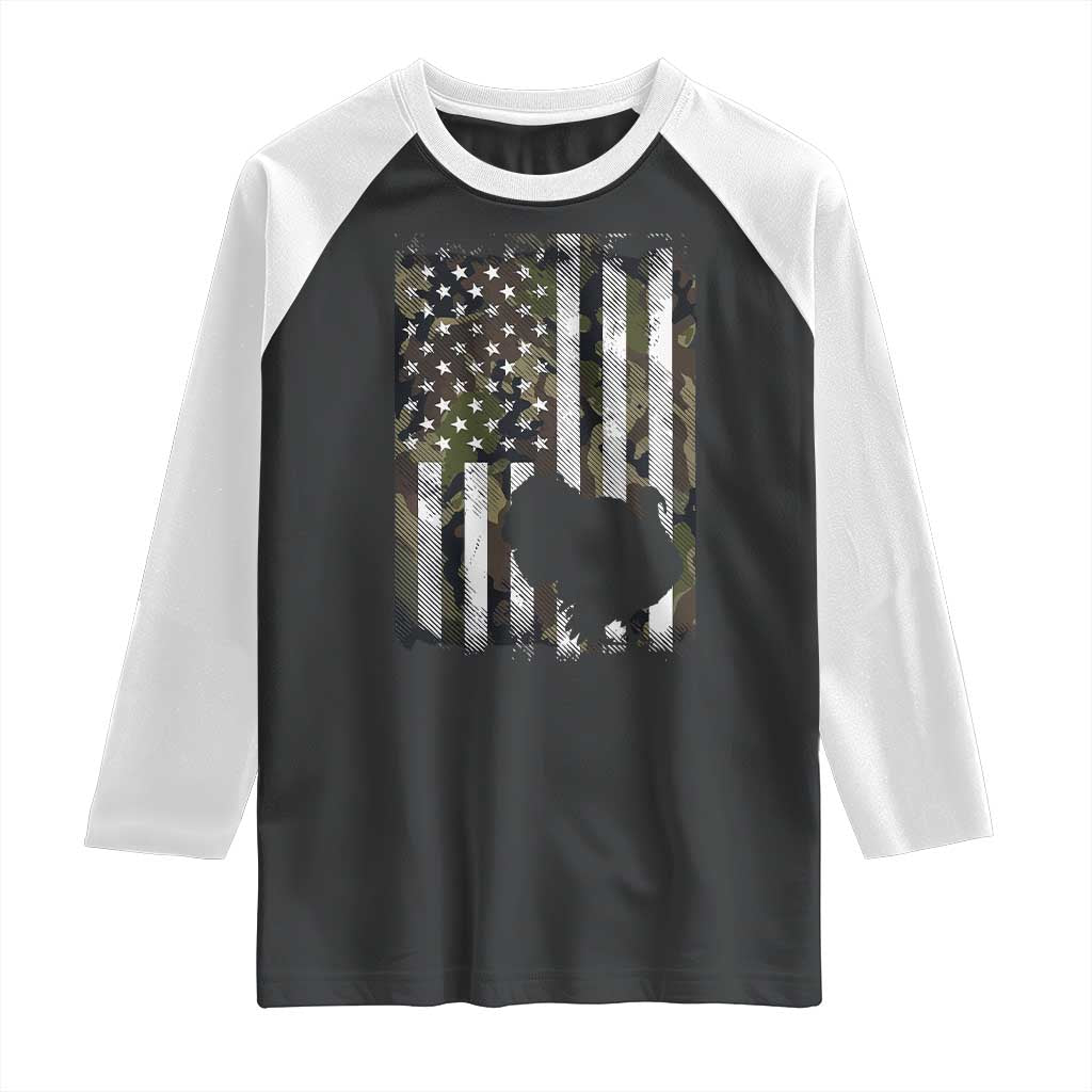 Turkey Hunting Camo US American Flag Thanksgiving Raglan Shirt TS11 Black White Print Your Wear