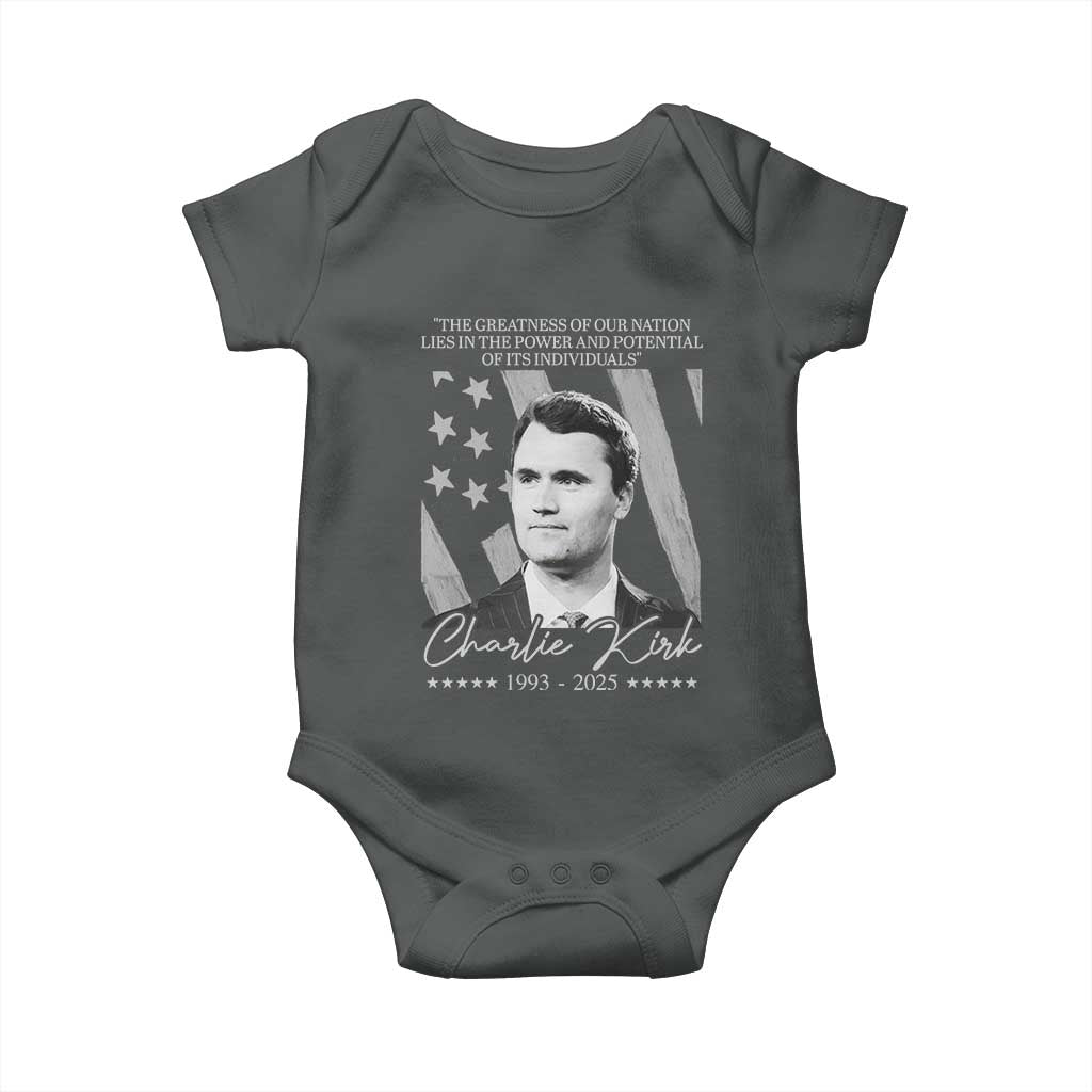 Charlie Kirk Baby Onesie The Greatness Of Our Nation Lies In The Power And Potential Of Its Individuals TS11 Dark Heather Print Your Wear