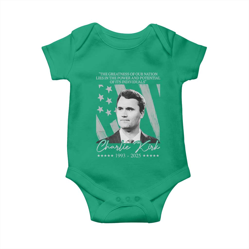 Charlie Kirk Baby Onesie The Greatness Of Our Nation Lies In The Power And Potential Of Its Individuals TS11 Irish Green Print Your Wear