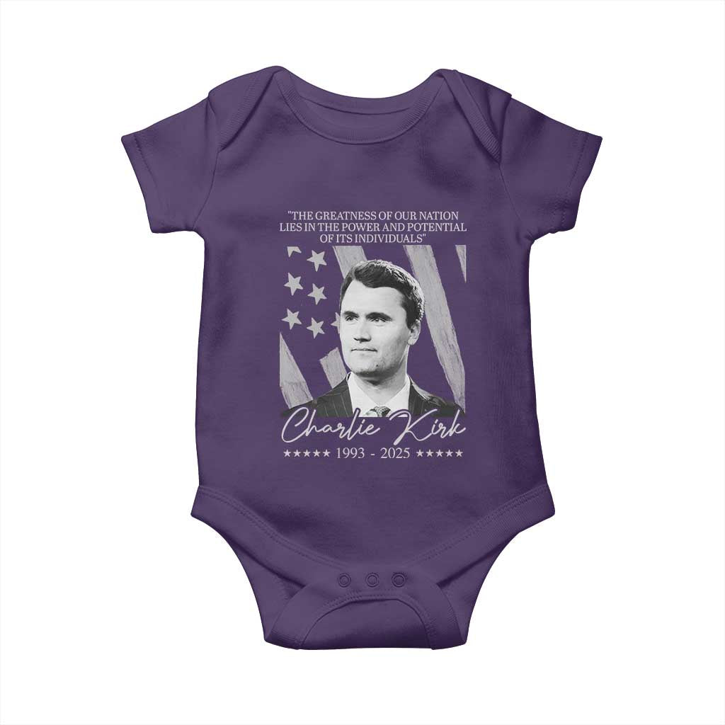 Charlie Kirk Baby Onesie The Greatness Of Our Nation Lies In The Power And Potential Of Its Individuals TS11 Purple Print Your Wear