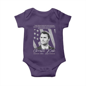 Charlie Kirk Baby Onesie The Greatness Of Our Nation Lies In The Power And Potential Of Its Individuals TS11 Purple Print Your Wear