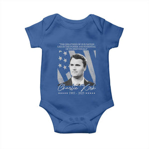Charlie Kirk Baby Onesie The Greatness Of Our Nation Lies In The Power And Potential Of Its Individuals TS11 Royal Blue Print Your Wear