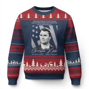 Charlie Kirk Ugly Christmas Sweater The Greatness Of Our Nation Lies In The Power And Potential Of Its Individuals TS11 Navy Red Print Your Wear