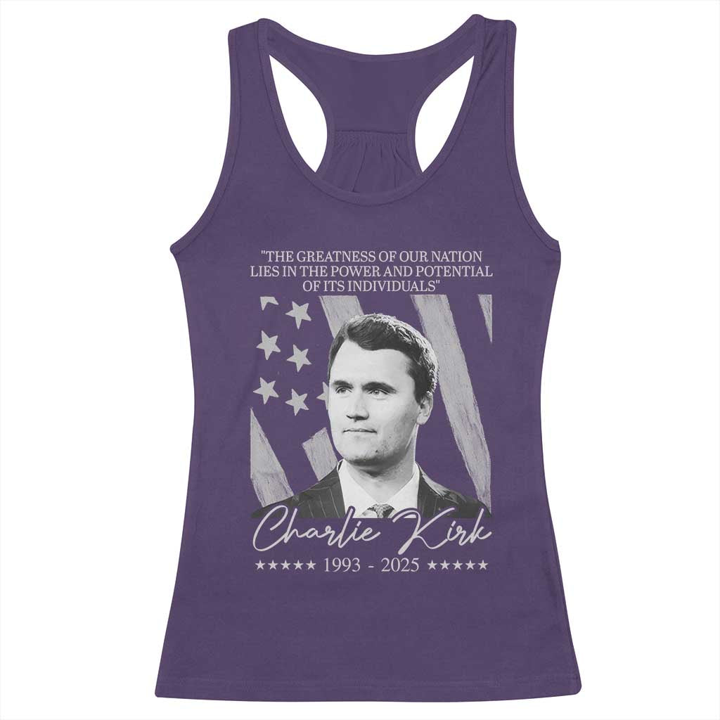 Charlie Kirk Racerback Tank Top The Greatness Of Our Nation Lies In The Power And Potential Of Its Individuals TS11 Purple Print Your Wear