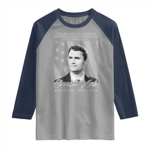 Charlie Kirk Raglan Shirt The Greatness Of Our Nation Lies In The Power And Potential Of Its Individuals TS11 Sport Gray Navy Print Your Wear