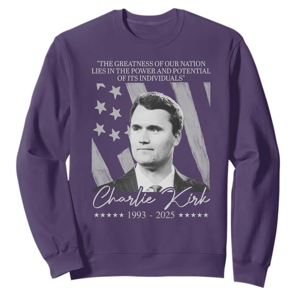 Charlie Kirk Sweatshirt The Greatness Of Our Nation Lies In The Power And Potential Of Its Individuals TS11 Purple Print Your Wear