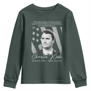 Charlie Kirk Youth Sweatshirt The Greatness Of Our Nation Lies In The Power And Potential Of Its Individuals TS11 Dark Forest Green Print Your Wear