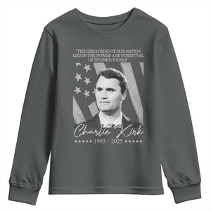 Charlie Kirk Youth Sweatshirt The Greatness Of Our Nation Lies In The Power And Potential Of Its Individuals TS11 Dark Heather Print Your Wear