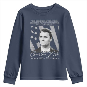 Charlie Kirk Youth Sweatshirt The Greatness Of Our Nation Lies In The Power And Potential Of Its Individuals TS11 Navy Print Your Wear