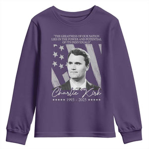 Charlie Kirk Youth Sweatshirt The Greatness Of Our Nation Lies In The Power And Potential Of Its Individuals TS11 Purple Print Your Wear