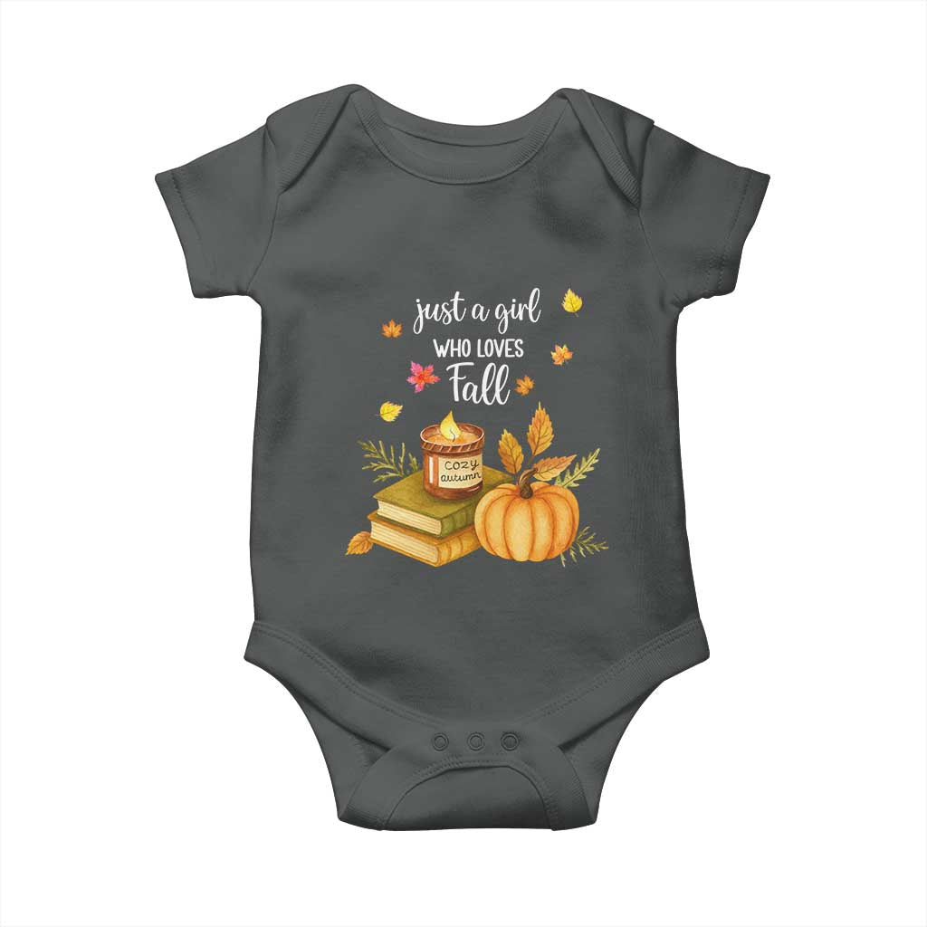 Just A Girl Who Loves Fall Baby Onesie Cozy Autumn Season TS11 Dark Heather Print Your Wear