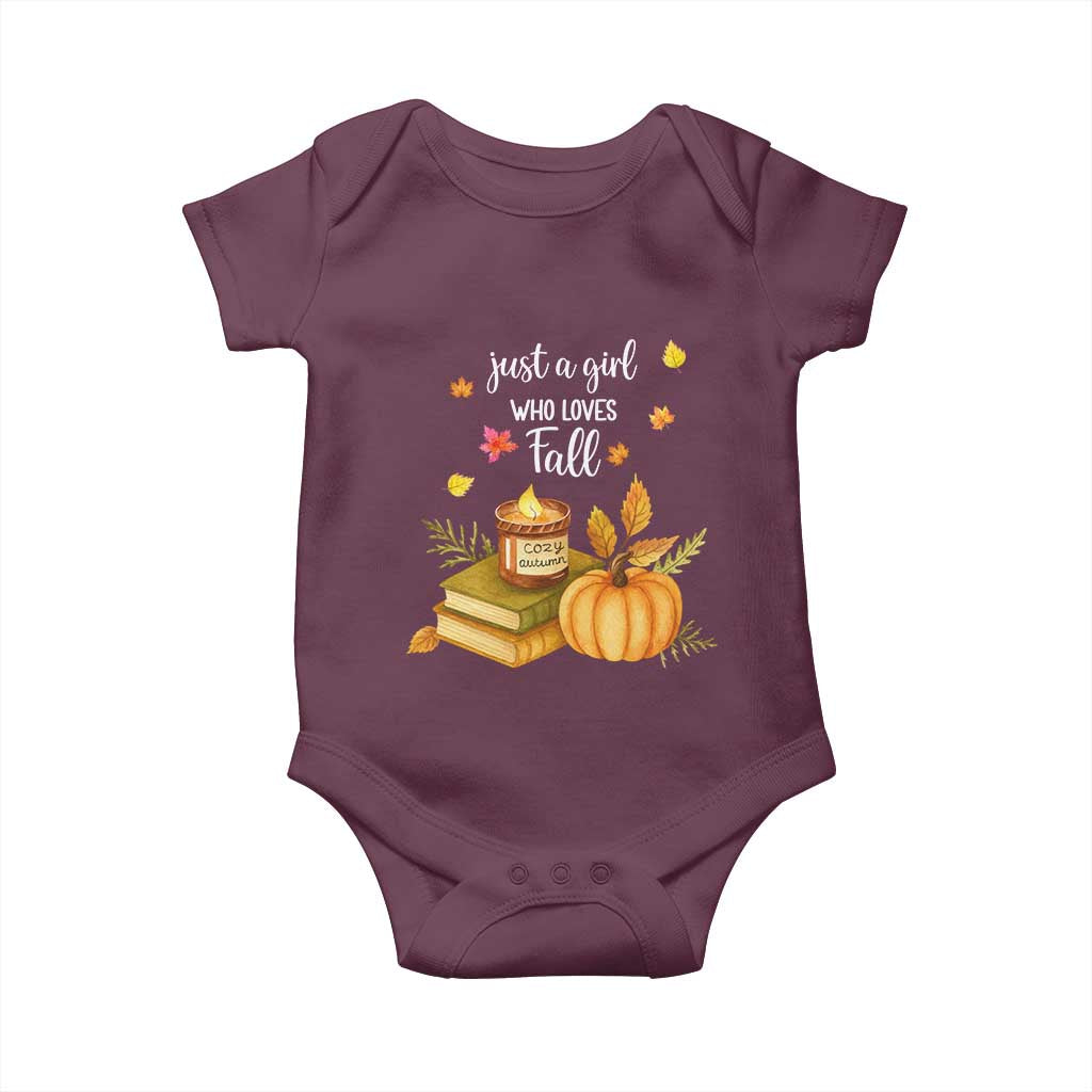 Just A Girl Who Loves Fall Baby Onesie Cozy Autumn Season TS11 Maroon Print Your Wear