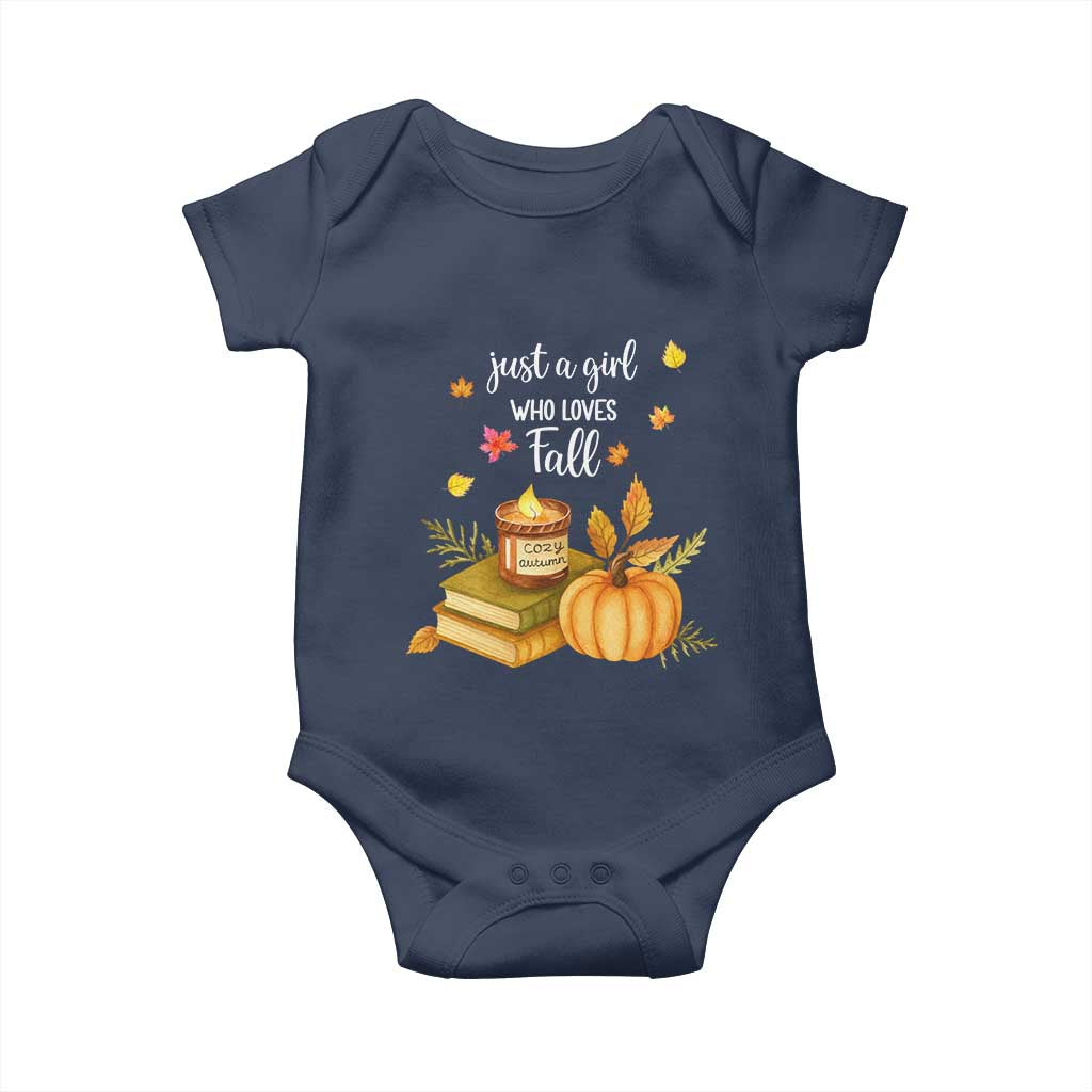 Just A Girl Who Loves Fall Baby Onesie Cozy Autumn Season TS11 Navy Print Your Wear