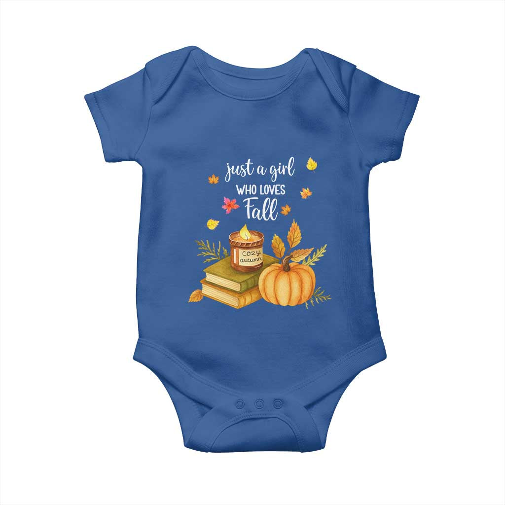 Just A Girl Who Loves Fall Baby Onesie Cozy Autumn Season TS11 Royal Blue Print Your Wear