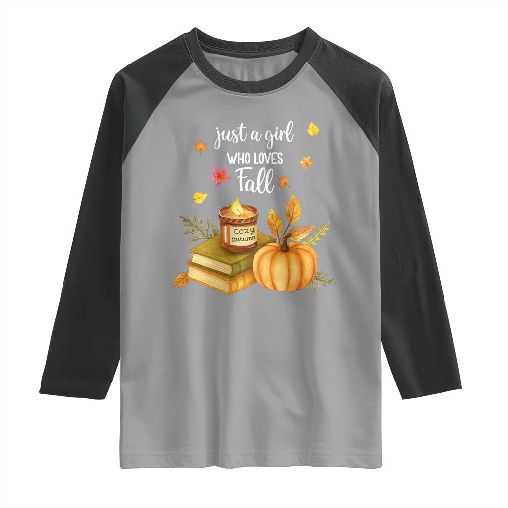 Just A Girl Who Loves Fall Raglan Shirt Cozy Autumn Season TS11 Sport Gray Black Print Your Wear
