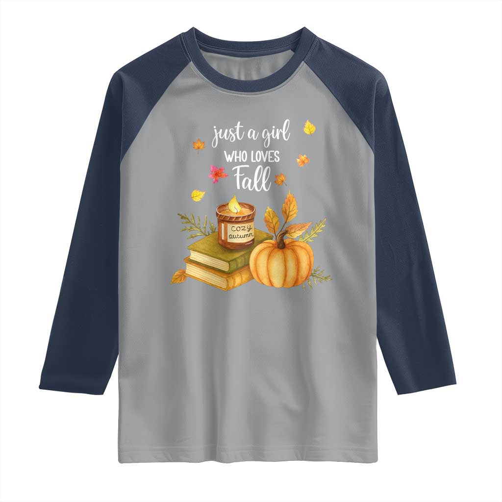Just A Girl Who Loves Fall Raglan Shirt Cozy Autumn Season TS11 Sport Gray Navy Print Your Wear