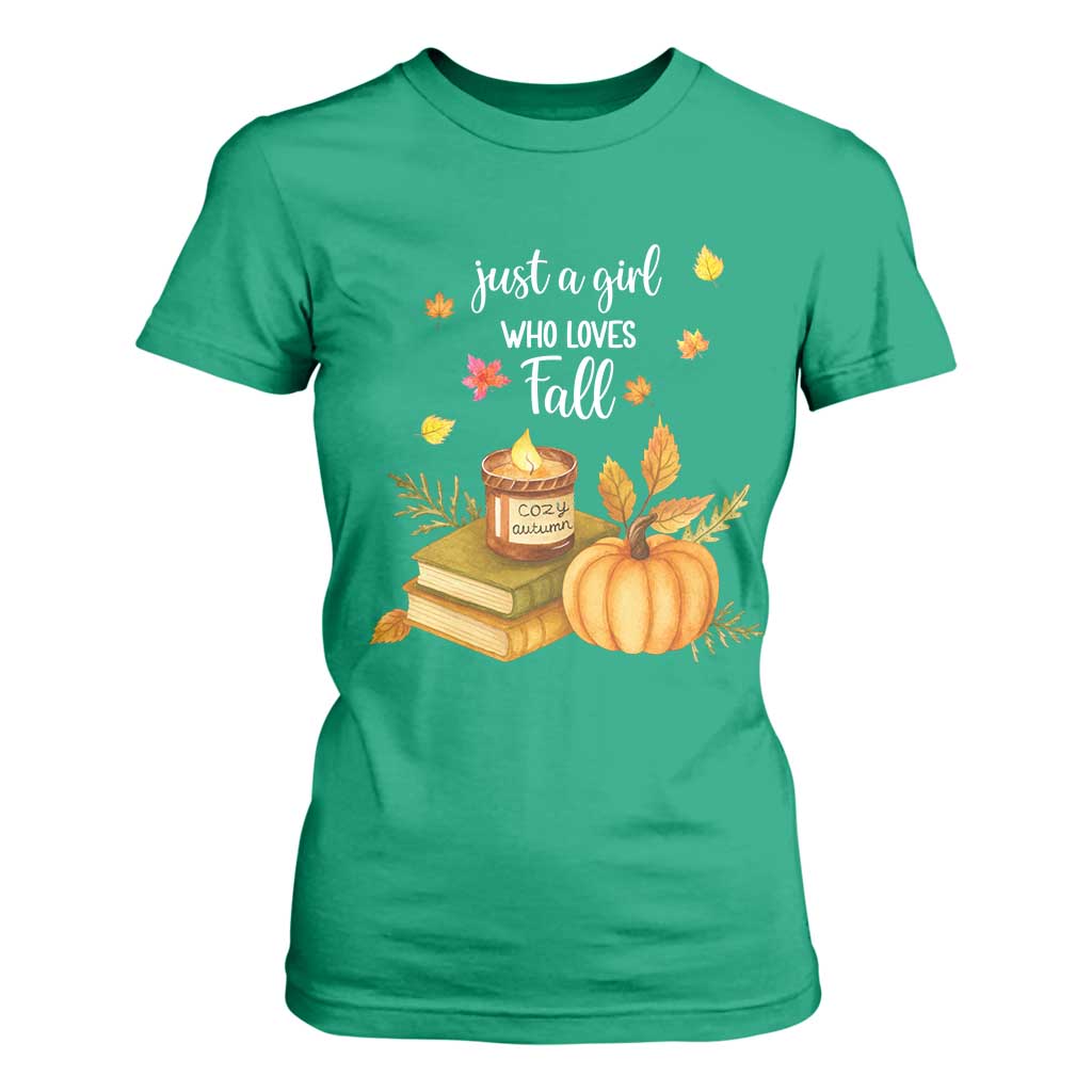 Just A Girl Who Loves Fall T Shirt For Women Cozy Autumn Season TS11 Irish Green Print Your Wear