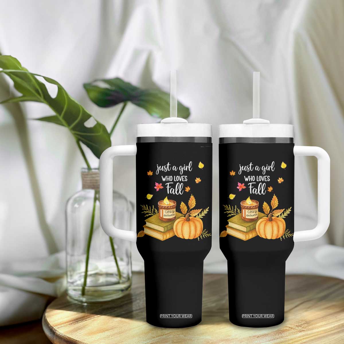 Just A Girl Who Loves Fall Tumbler With Handle Cozy Autumn Season TS11 Print Your Wear
