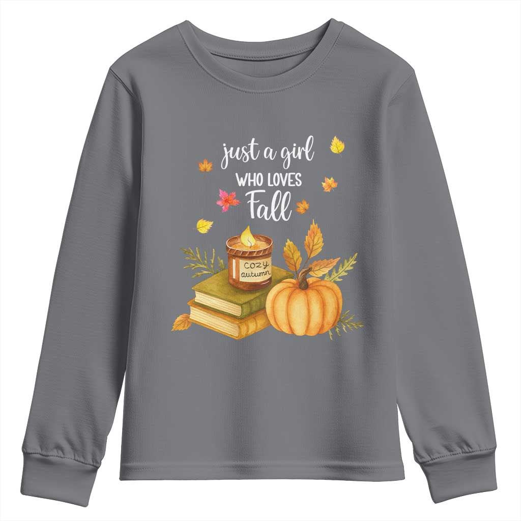 Just A Girl Who Loves Fall Youth Sweatshirt Cozy Autumn Season TS11 Charcoal Print Your Wear