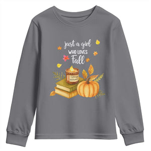 Just A Girl Who Loves Fall Youth Sweatshirt Cozy Autumn Season TS11 Charcoal Print Your Wear