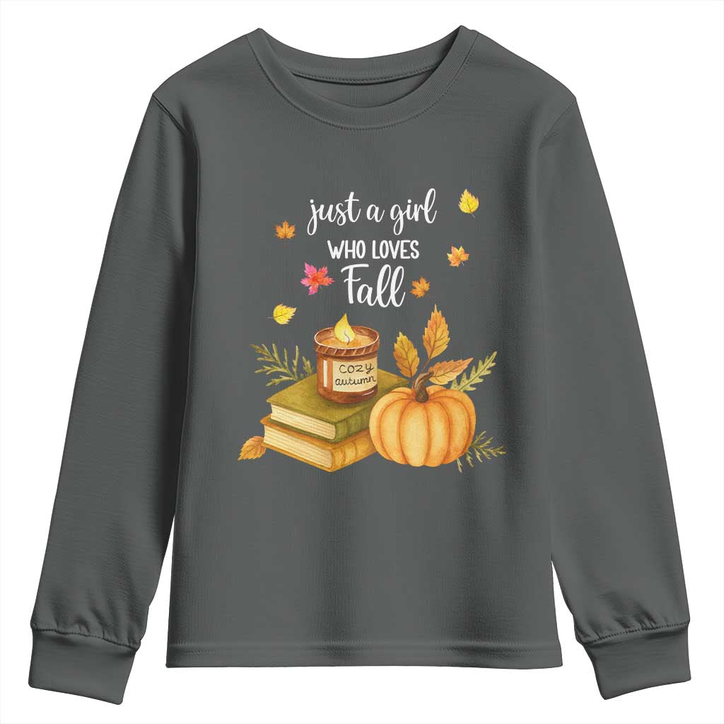 Just A Girl Who Loves Fall Youth Sweatshirt Cozy Autumn Season TS11 Dark Heather Print Your Wear