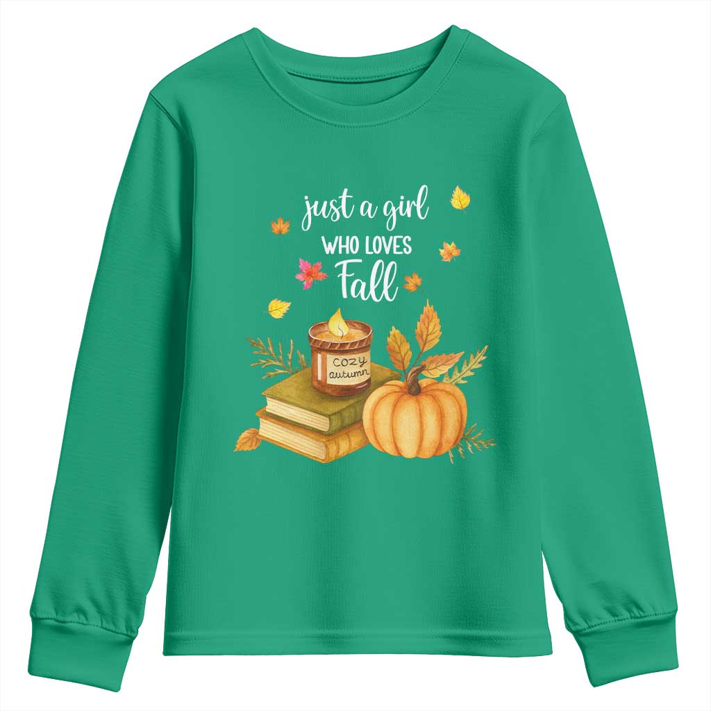 Just A Girl Who Loves Fall Youth Sweatshirt Cozy Autumn Season TS11 Irish Green Print Your Wear