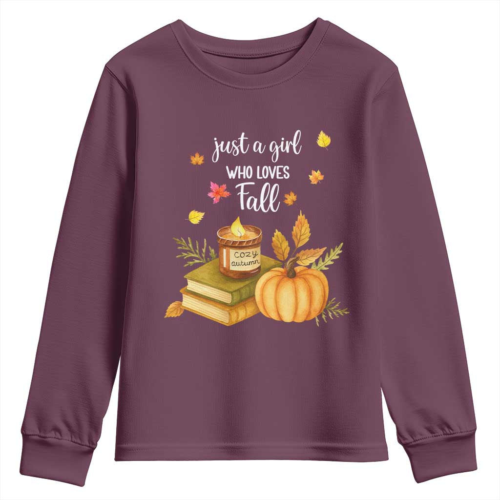Just A Girl Who Loves Fall Youth Sweatshirt Cozy Autumn Season TS11 Maroon Print Your Wear