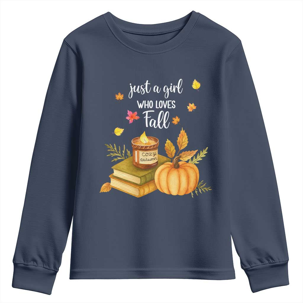 Just A Girl Who Loves Fall Youth Sweatshirt Cozy Autumn Season TS11 Navy Print Your Wear