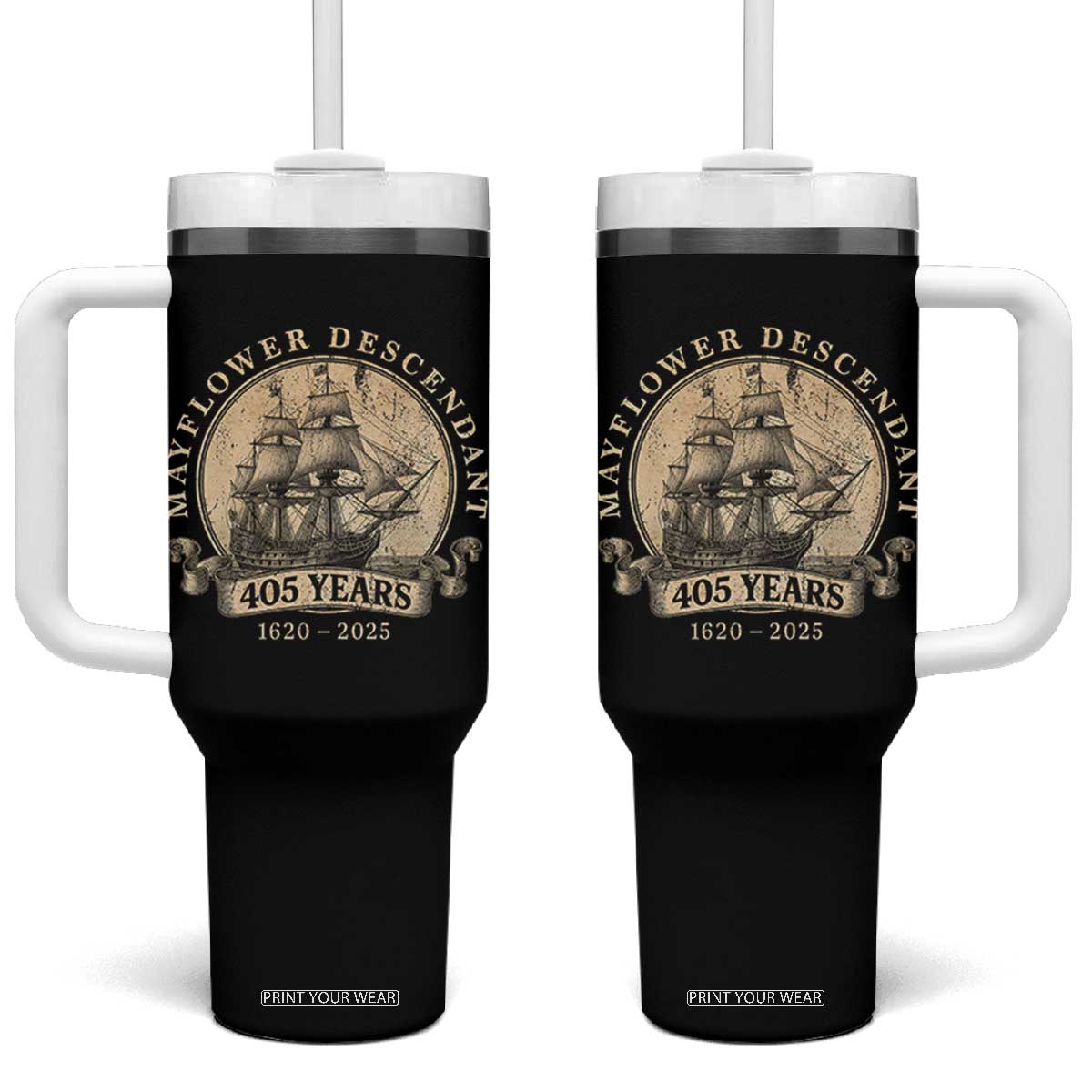 Mayflower Descendant Tumbler With Handle 405 Years Pilgrim Fathers Thanksgiving History TS11 One Size: 40 oz Black Print Your Wear