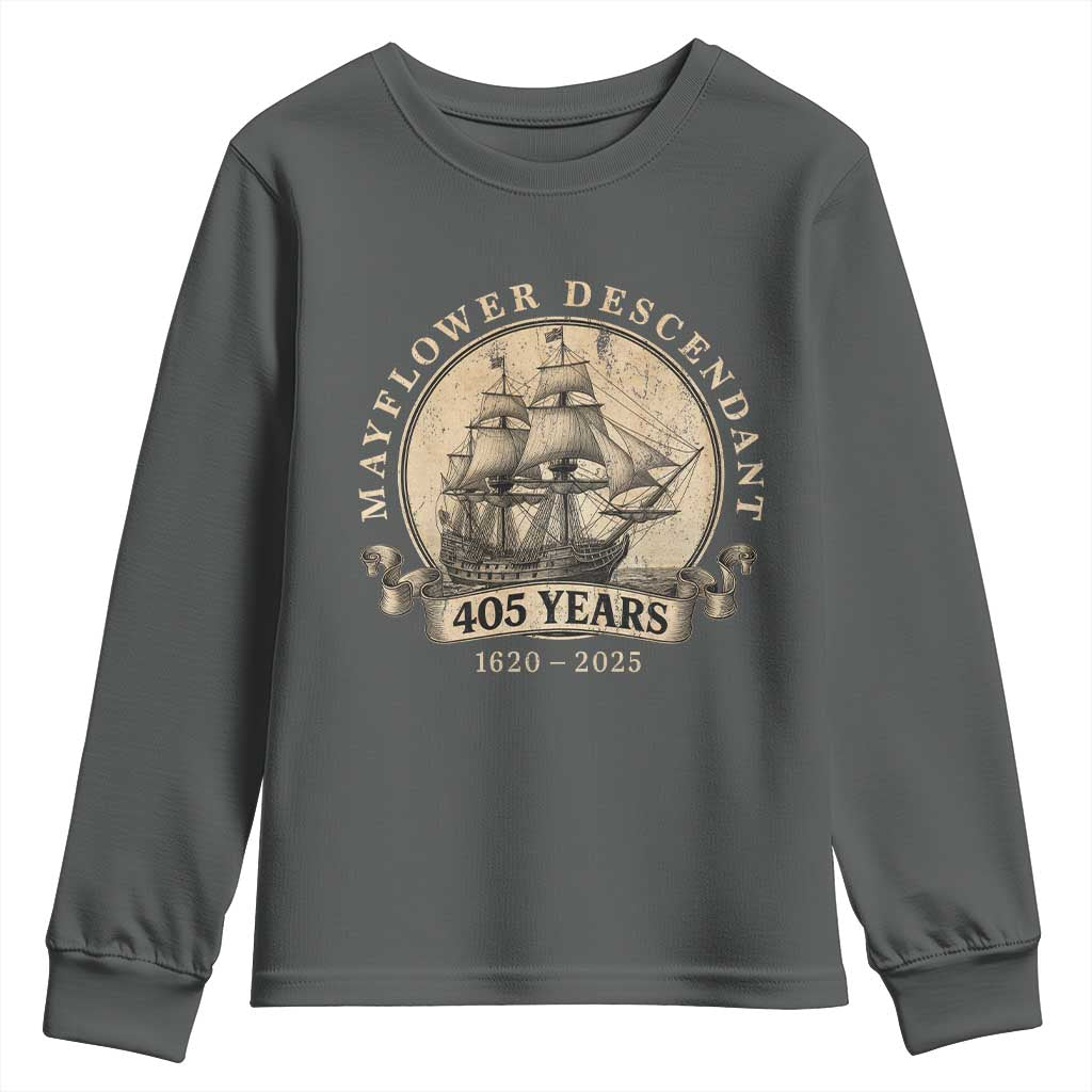 Mayflower Descendant Youth Sweatshirt 405 Years Pilgrim Fathers Thanksgiving History TS11 Dark Heather Print Your Wear