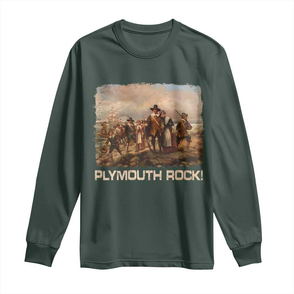 Plymouth Rock Long Sleeve Shirt Mayflower Pilgrims Thanksgiving History TS11 Dark Forest Green Print Your Wear