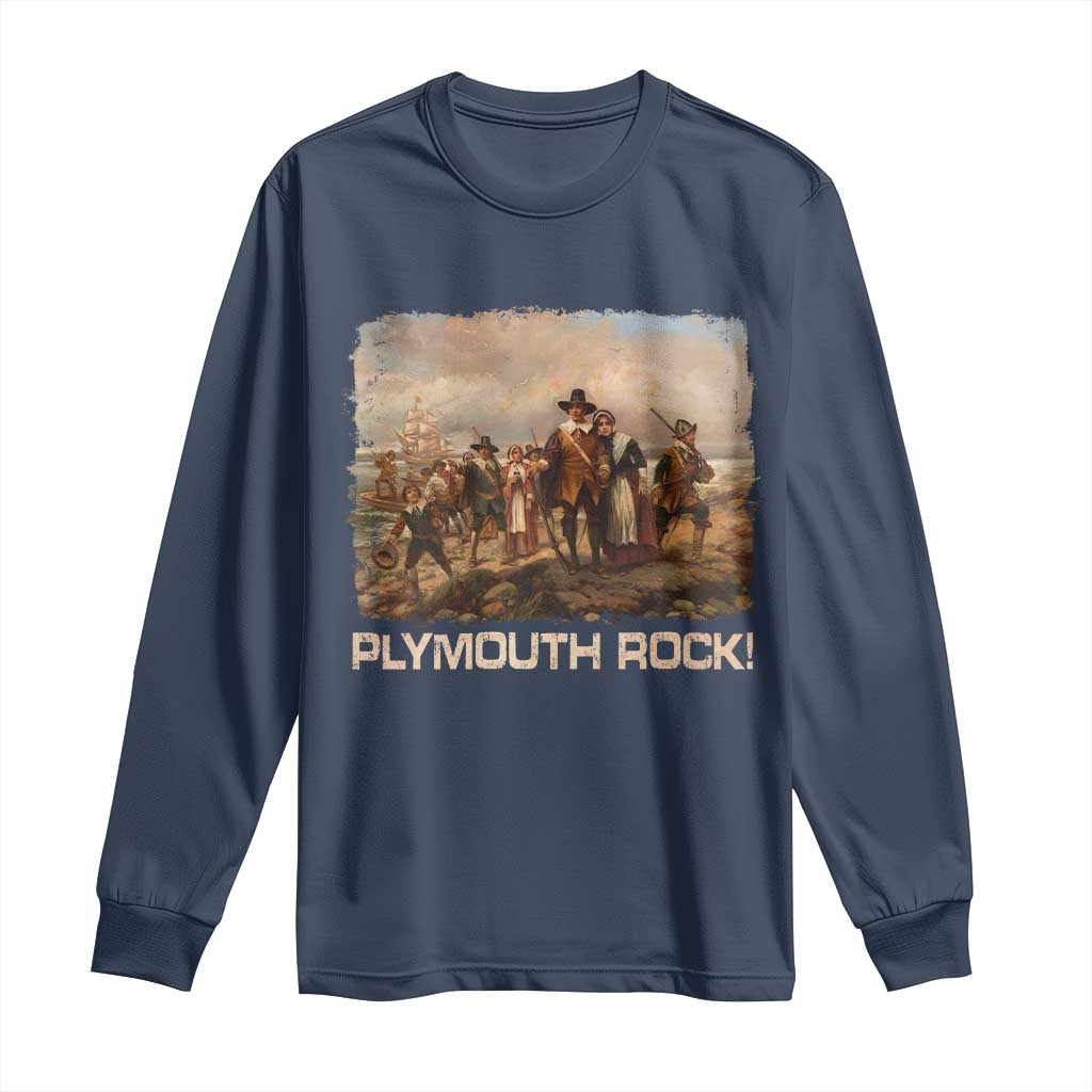 Plymouth Rock Long Sleeve Shirt Mayflower Pilgrims Thanksgiving History TS11 Navy Print Your Wear