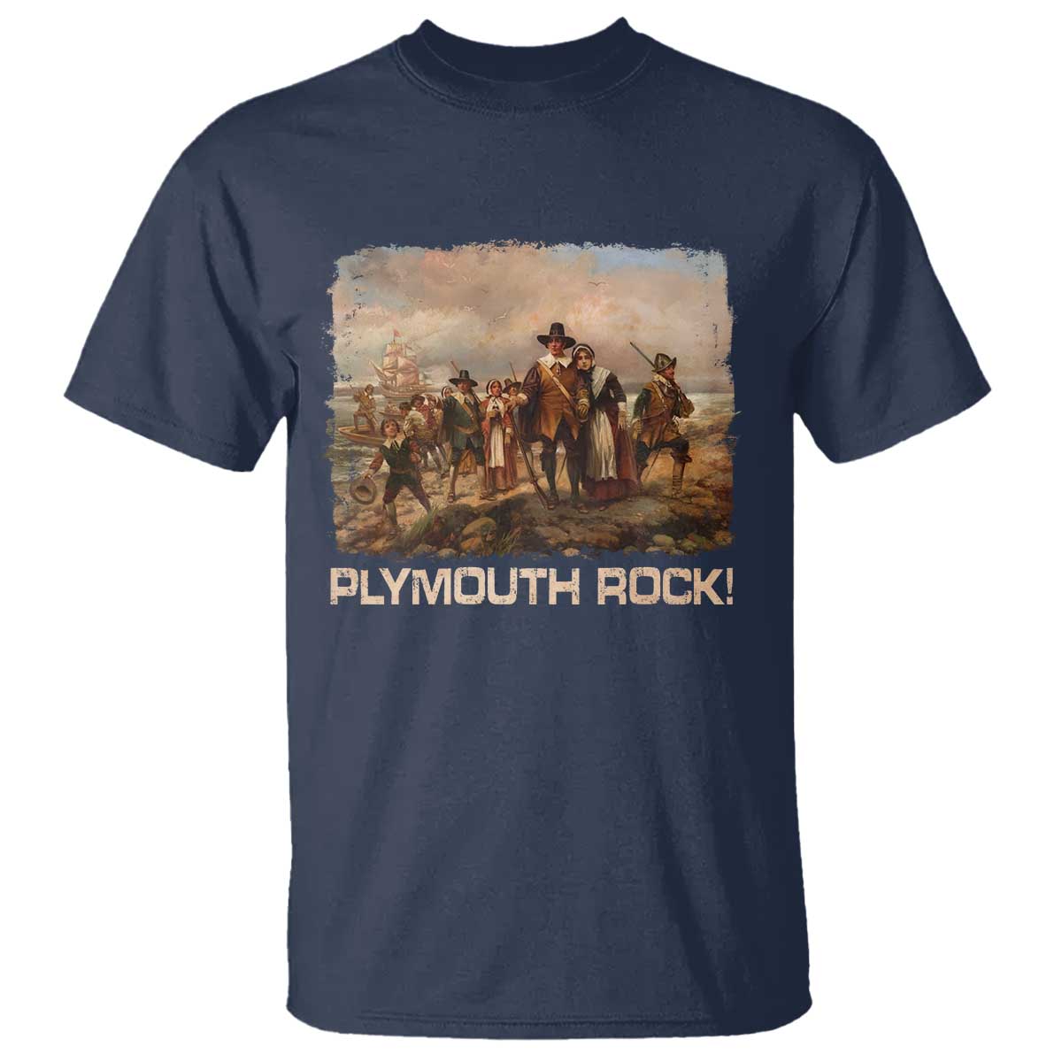Plymouth Rock T Shirt Mayflower Pilgrims Thanksgiving History TS11 Navy Print Your Wear
